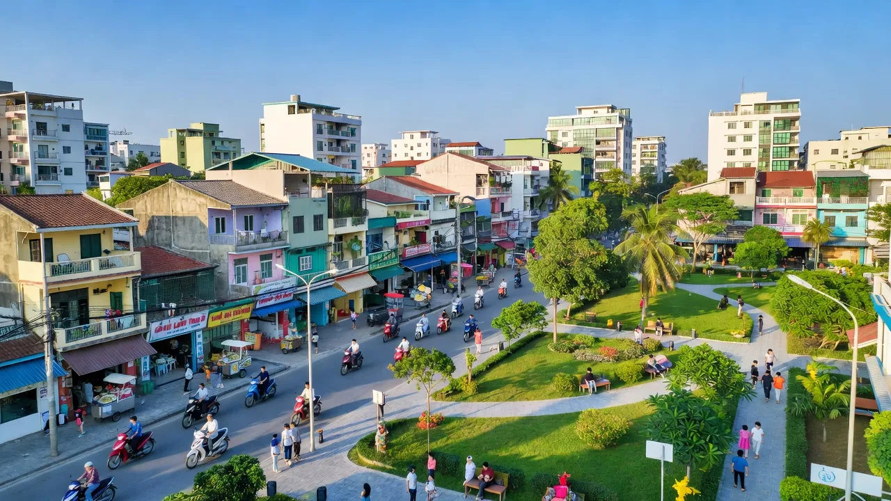 Khung cảnh đô thị Phường Lạch Tray, Quận Ngô Quyền, Hải Phòng với nhà cửa và công viên.