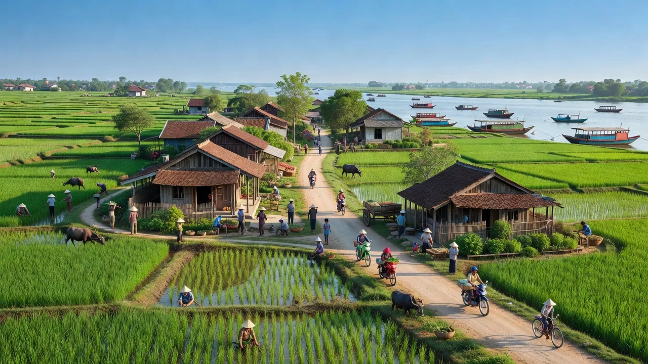 Cảnh đẹp xã Bạch Đằng, Thủy Nguyên, Hải Phòng với đồng xanh và nhà truyền thống.