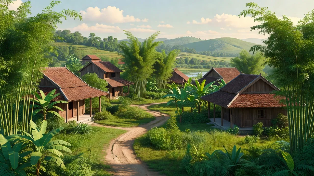 Khung cảnh yên bình ở Phường Hòa Bình, Thủy Nguyên, Hải Phòng với nhà truyền thống và thiên nhiên xanh tươi.