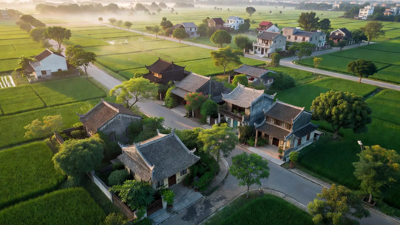 Phong cảnh phường Lập Lễ, Thuỷ Nguyên, Hải Phòng với nhà cửa và cây xanh, dân số 14.623.
