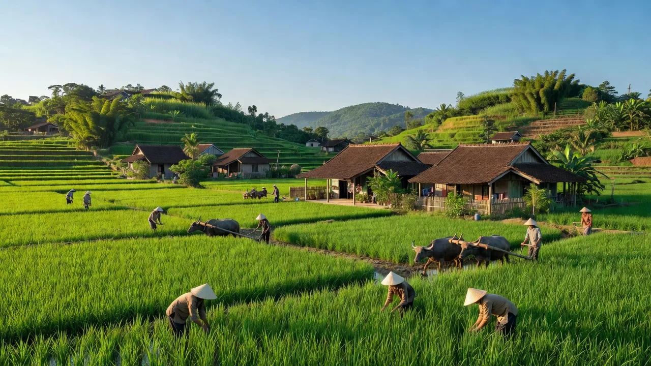 Cảnh đẹp xã Liên Xuân, Thủy Nguyên với đồng xanh, nhà truyền thống và bầu trời trong xanh.