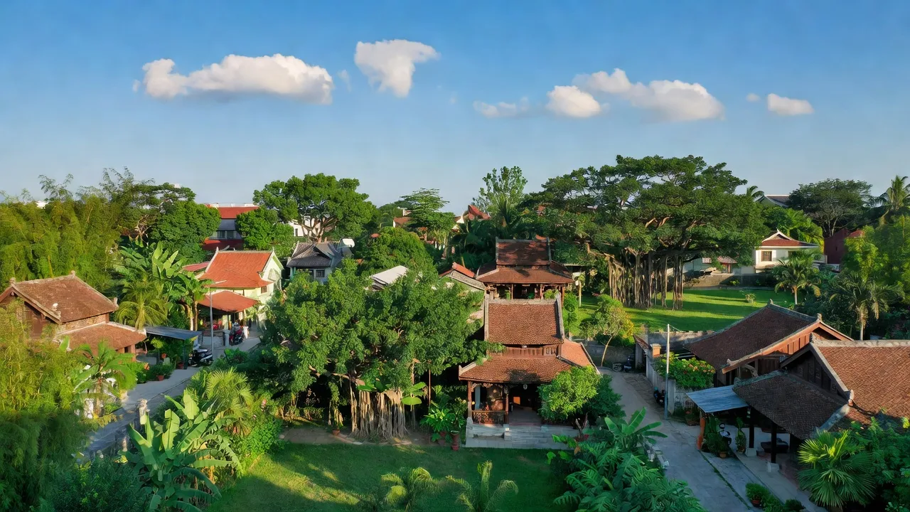 Phường Lưu Kiếm, Thuỷ Nguyên, Hải Phòng with traditional architecture and vibrant nature, peaceful atmosphere.