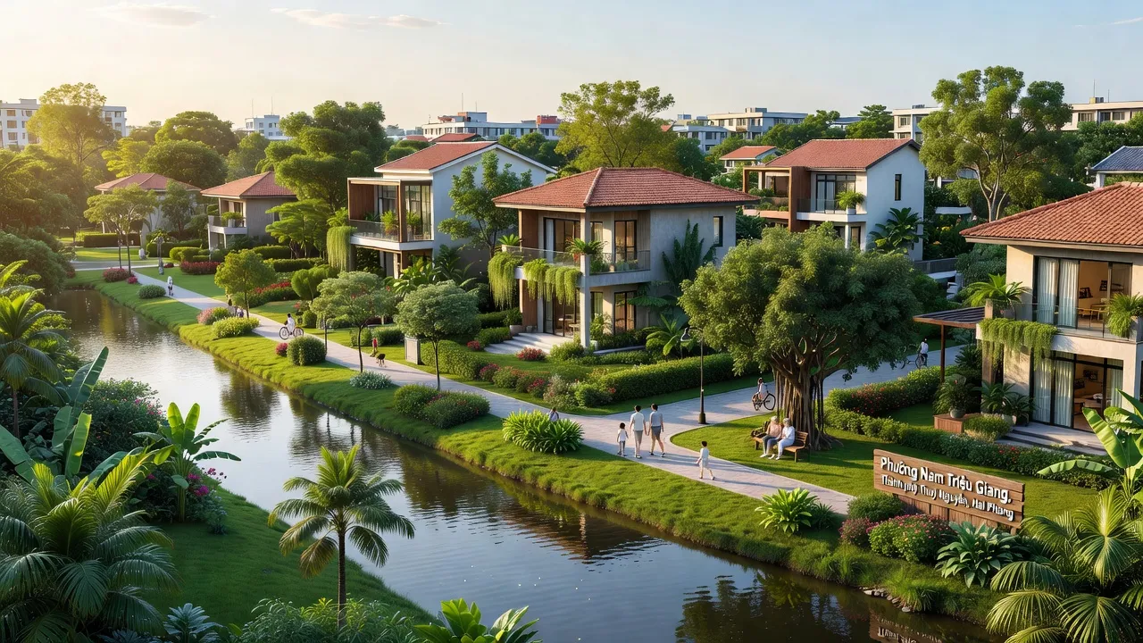 Cảnh quan Phường Nam Triệu Giang, Thuỷ Nguyên, Hải Phòng với thiên nhiên xanh và đô thị hiện đại.