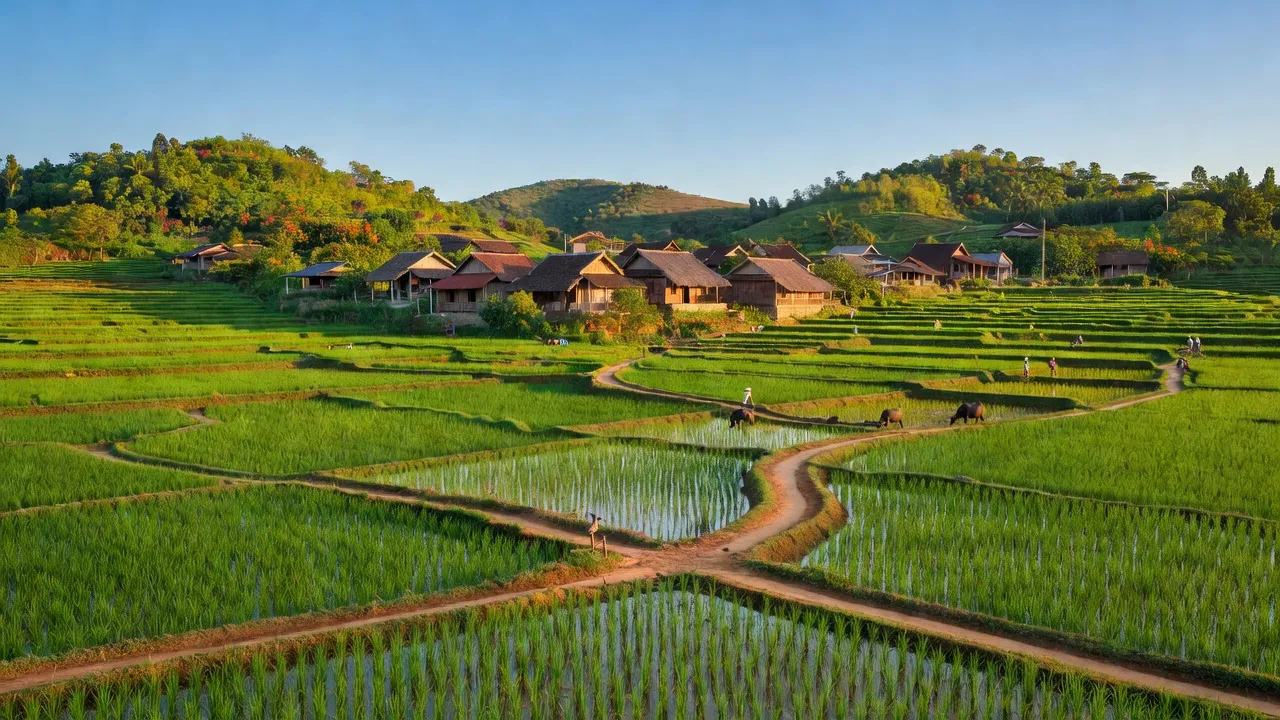 Cảnh đẹp xã Ninh Sơn, Thủy Nguyên với cánh đồng xanh và nhà truyền thống Việt Nam.