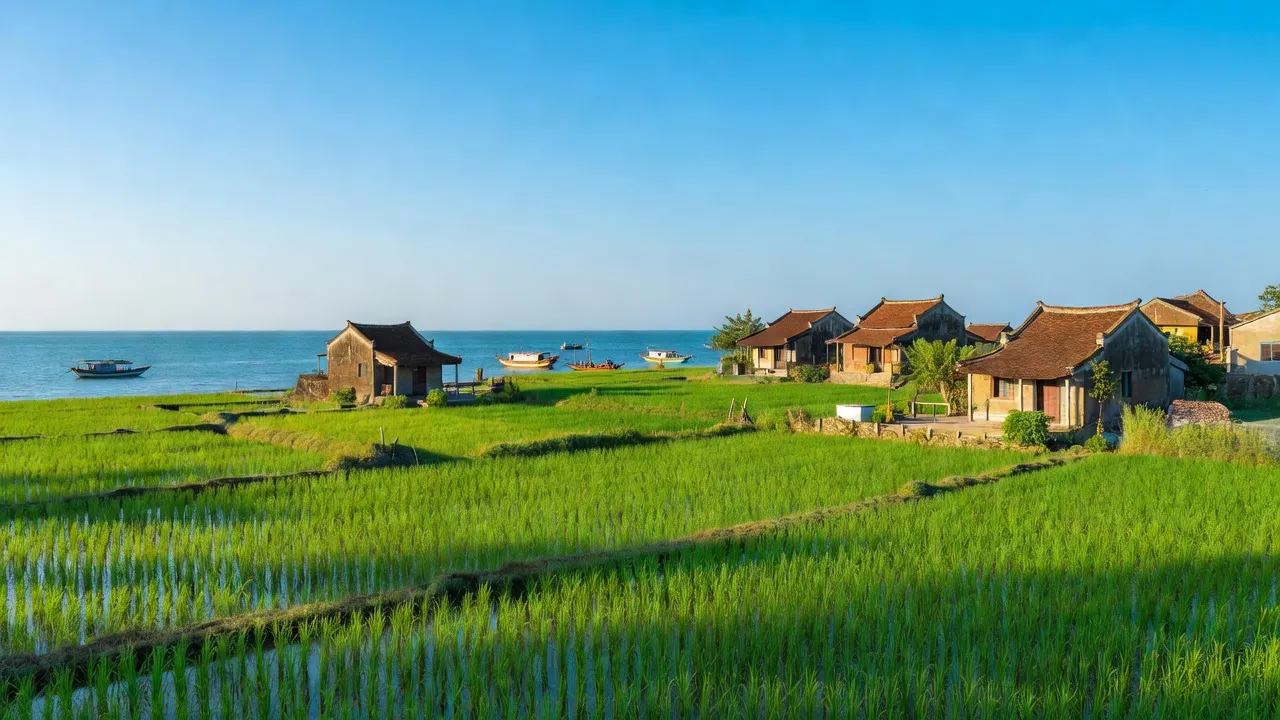 Khung cảnh xã Ninh Sơn, Thủy Nguyên, Hải Phòng với các cánh đồng xanh và nhà truyền thống.