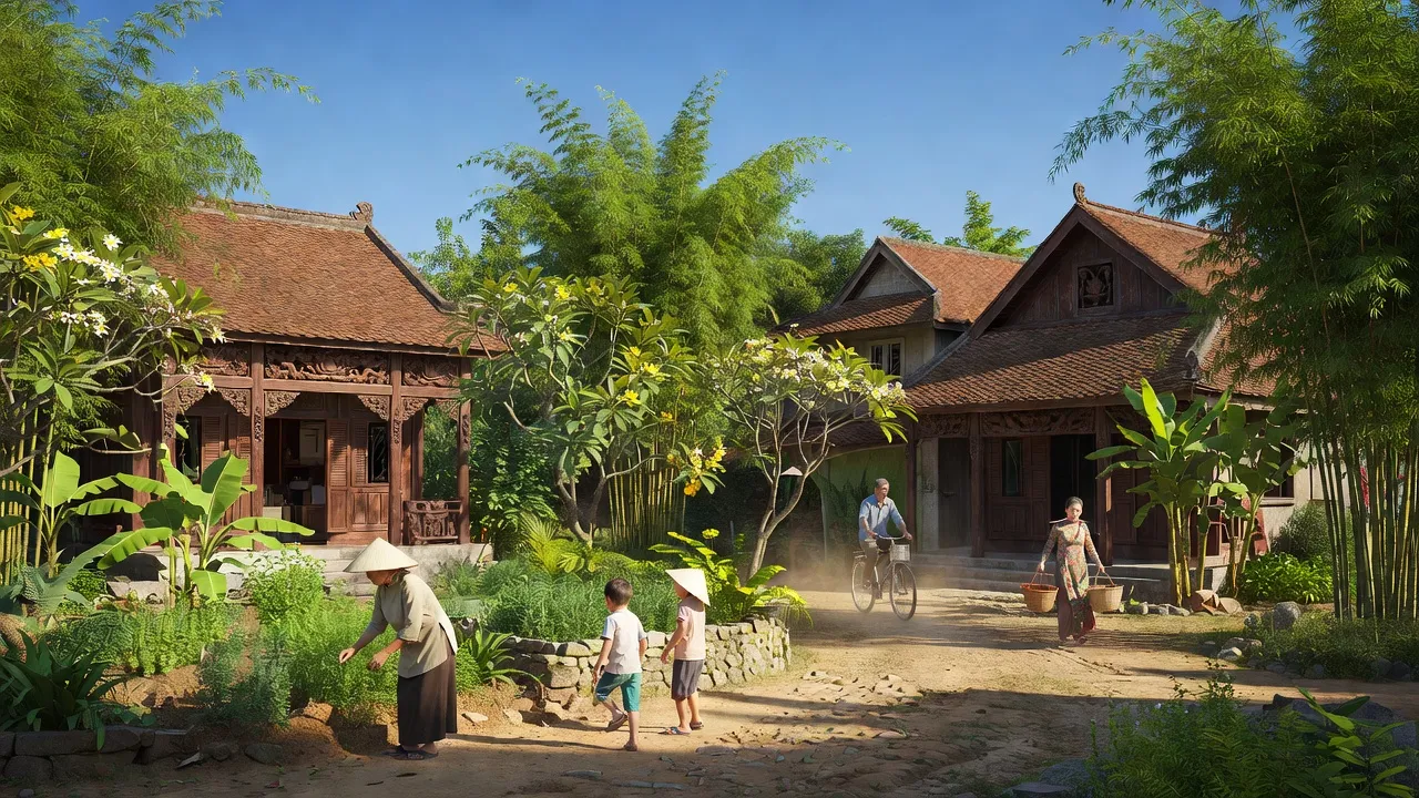Quang cảnh Phường Phạm Ngũ Lão, Thành phố Thuỷ Nguyên, Hải Phòng với kiến trúc truyền thống và thiên nhiên xanh tươi.