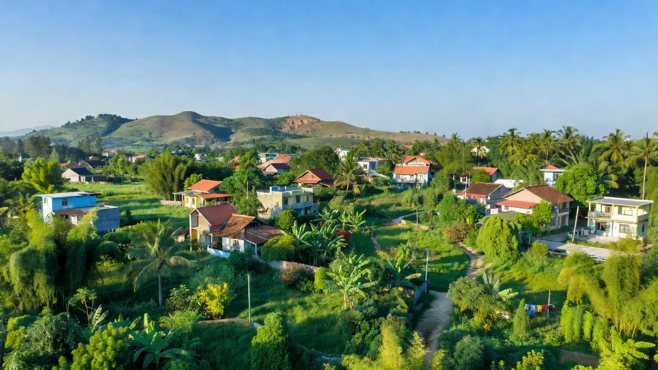 Phường Quảng Thanh, Thủy Nguyên, Hải Phòng với cảnh quan xanh mát, nhà cửa và đồi nhẹ nhàng.