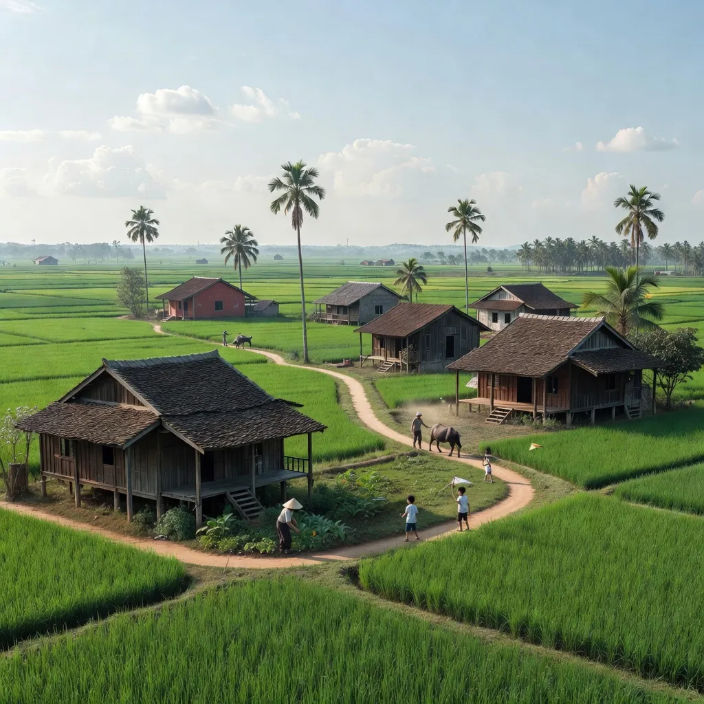 Khung cảnh Phường Thiên Hương, Thành phố Thuỷ Nguyên, Hải Phòng, với cánh đồng xanh và kiến trúc địa phương.