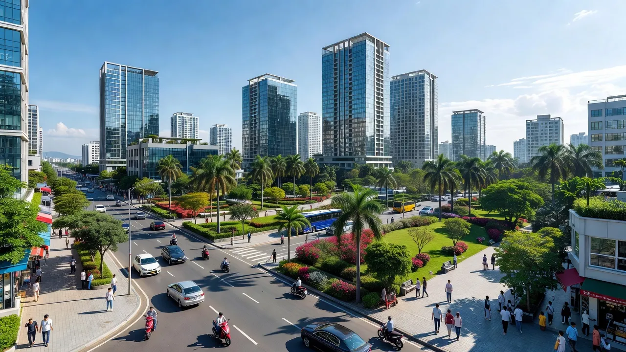 Khung cảnh phường Thủy Đường, Thành phố Thủy Nguyên với tòa nhà hiện đại và cây xanh.