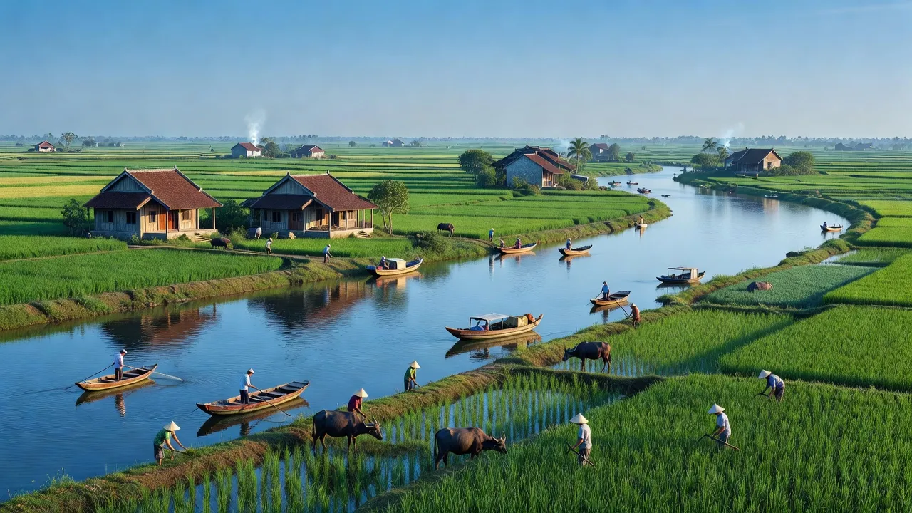Cảnh đẹp huyện Tiên Lãng, Hải Phòng với sông nước, đồng xanh và nhà truyền thống Việt Nam.