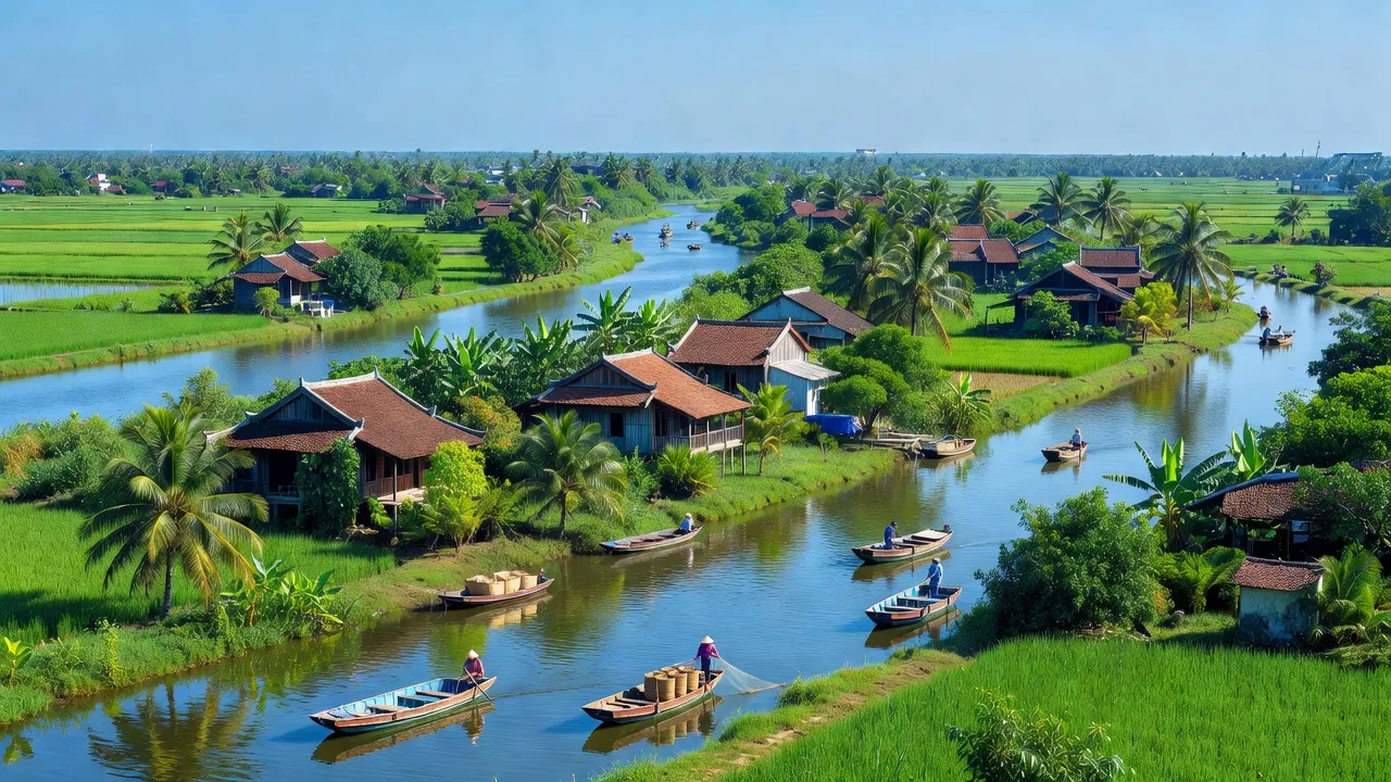 Quang cảnh huyện Tiên Lãng, Hải Phòng với sông nước và cây cối tươi tốt.