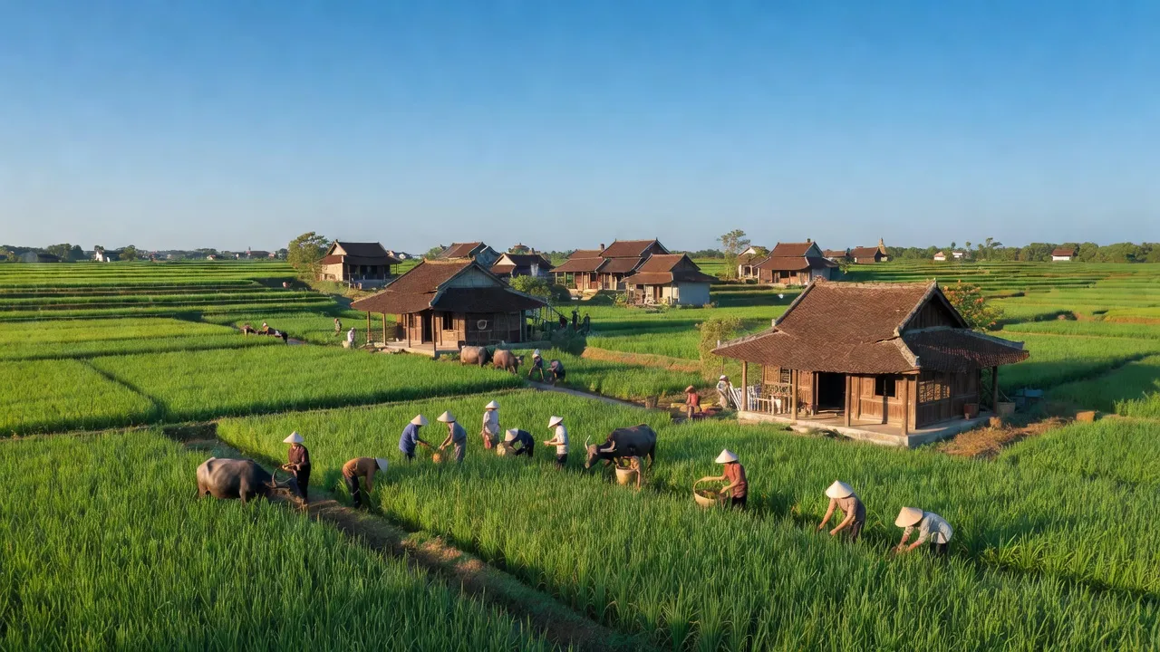 Cảnh quan xã Bắc Hưng, huyện Tiên Lãng, Hải Phòng với đồng lúa và nhà truyền thống.