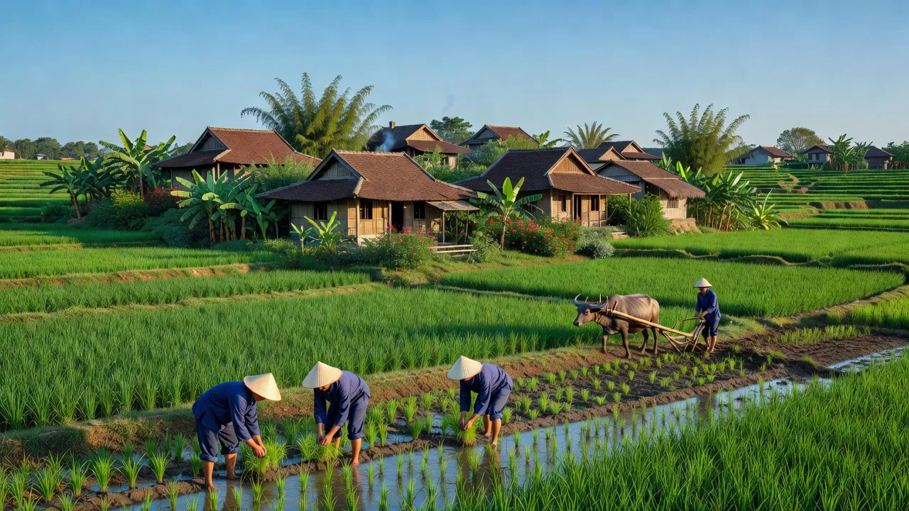 Cảnh quan thanh bình xã Cấp Tiến, huyện Tiên Lãng, Hải Phòng với đồng lúa và nhà truyền thống.