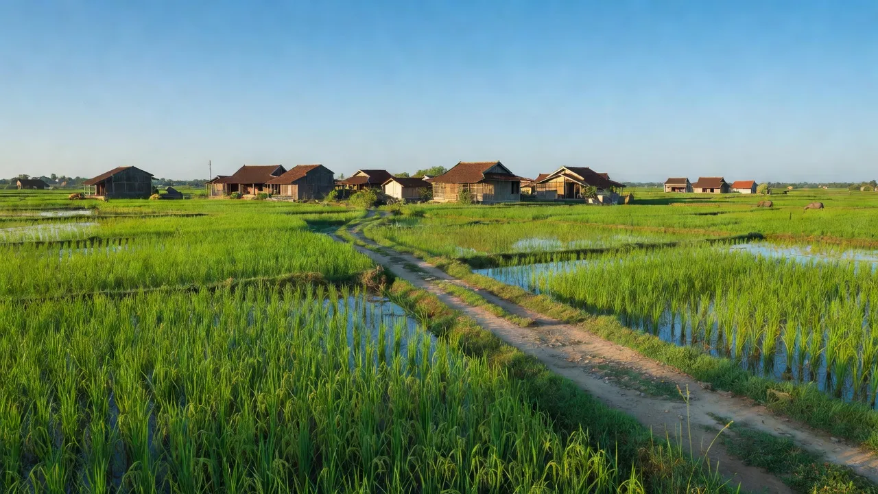 Khung cảnh bình yên của xã Đoàn Lập, huyện Tiên Lãng, Hải Phòng với ruộng lúa và nhà truyền thống.