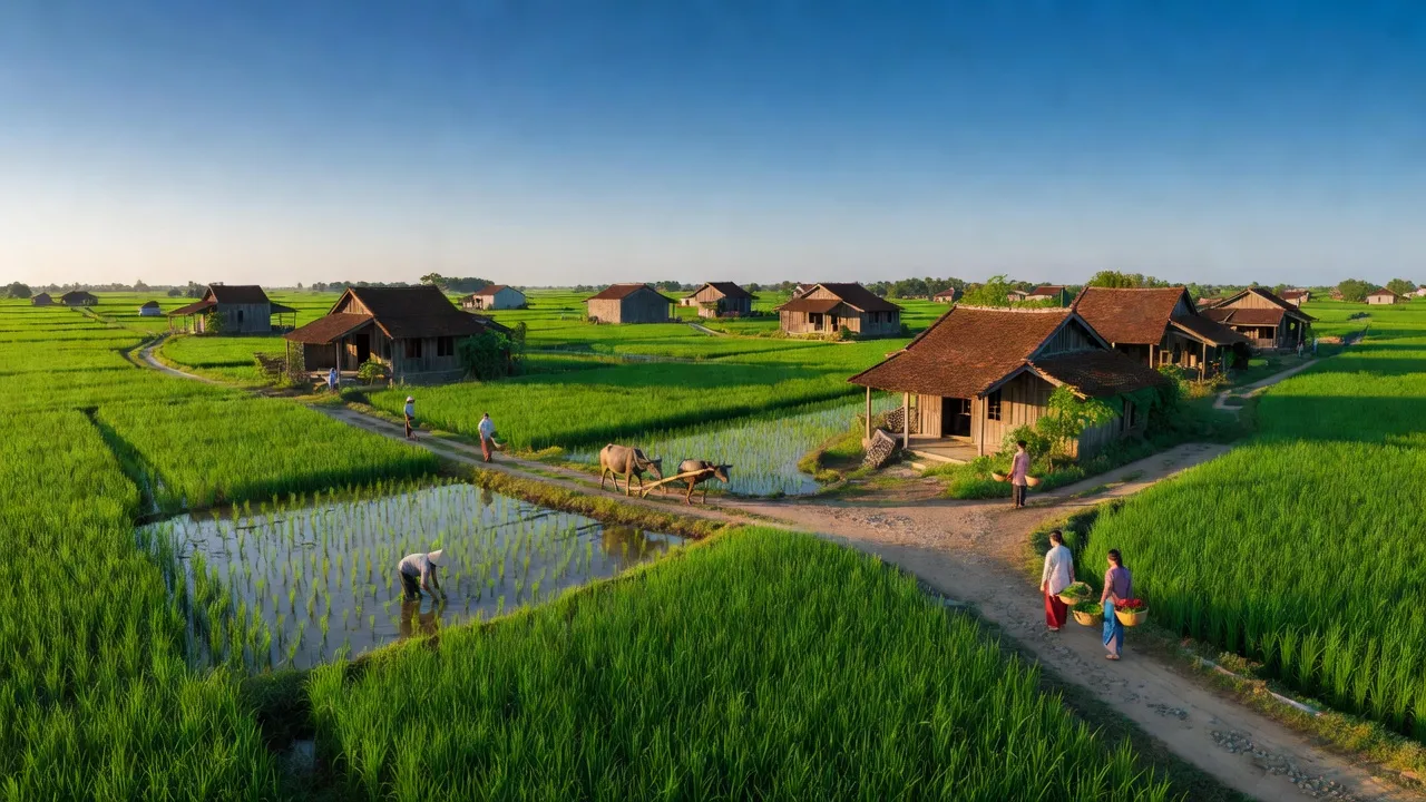 Cảnh đẹp xã Đông Hưng, huyện Tiên Lãng, Hải Phòng với cánh đồng xanh tươi và nhà truyền thống.
