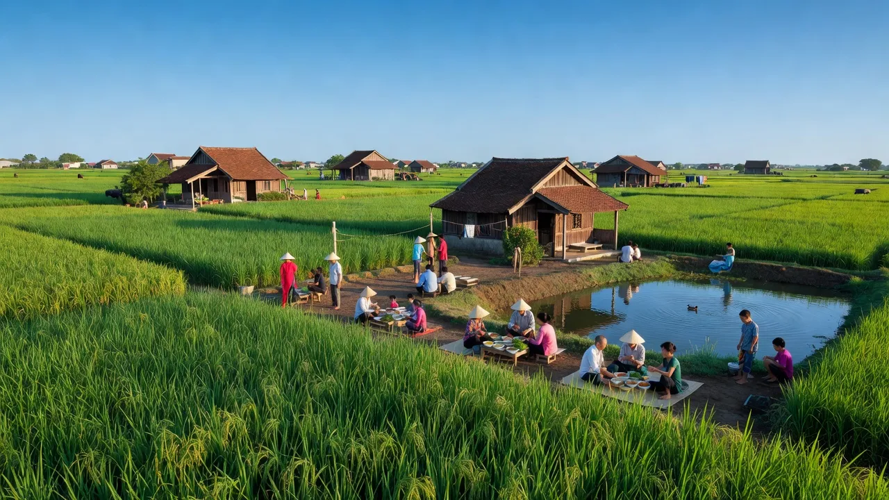 Cảnh đẹp xã Đông Hưng huyện Tiên Lãng Hải Phòng với đồng ruộng và nhà truyền thống.