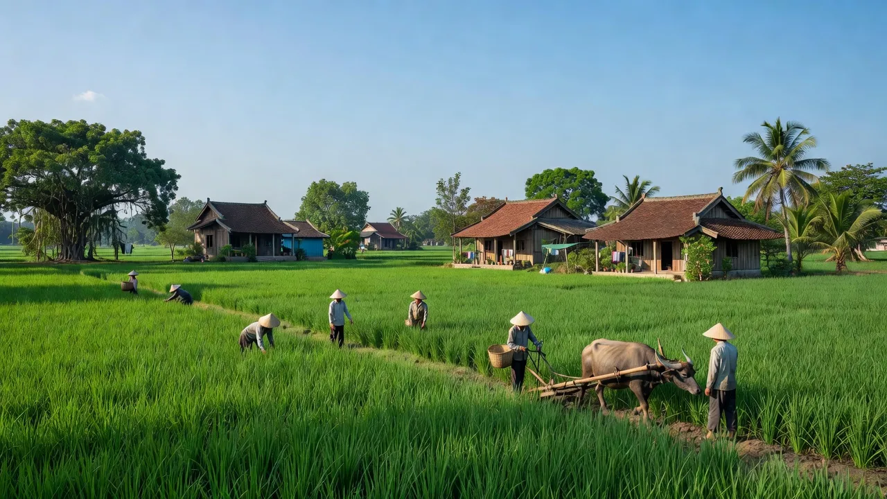 Cảnh bình dị xã Hùng Thắng, huyện Tiên Lãng, Hải Phòng với cánh đồng xanh và bầu trời trong.