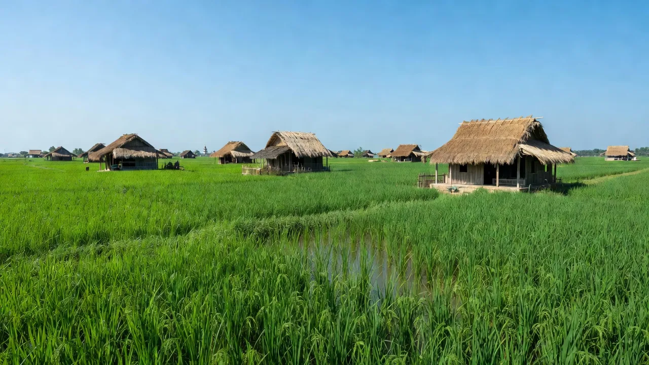 Khung cảnh yên bình xã Hùng Thắng, huyện Tiên Lãng, Hải Phòng với đồng xanh và nhà truyền thống.