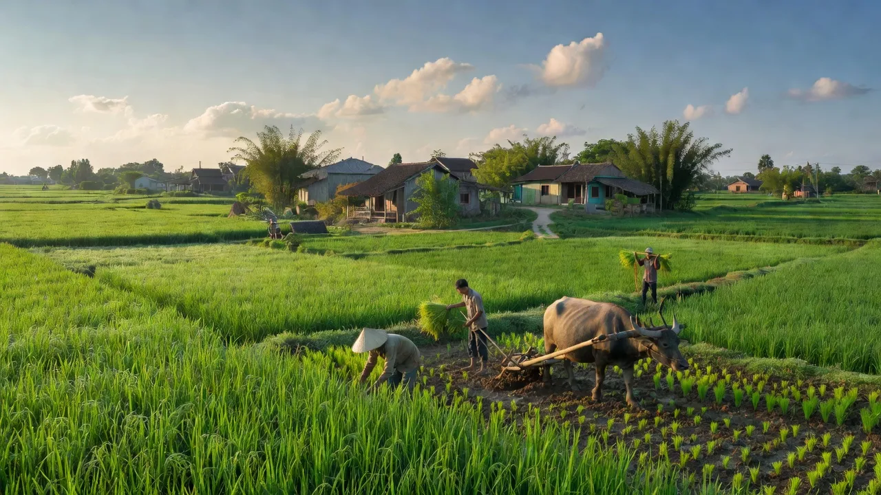 Cảnh sắc yên bình tại xã Khởi Nghĩa, huyện Tiên Lãng, Hải Phòng, với cánh đồng xanh và người dân lao động.