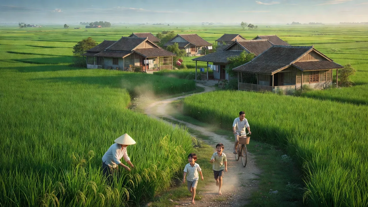 Cảnh đồng quê yên bình ở xã Kiến Thiết, huyện Tiên Lãng, Hải Phòng với ruộng lúa xanh.