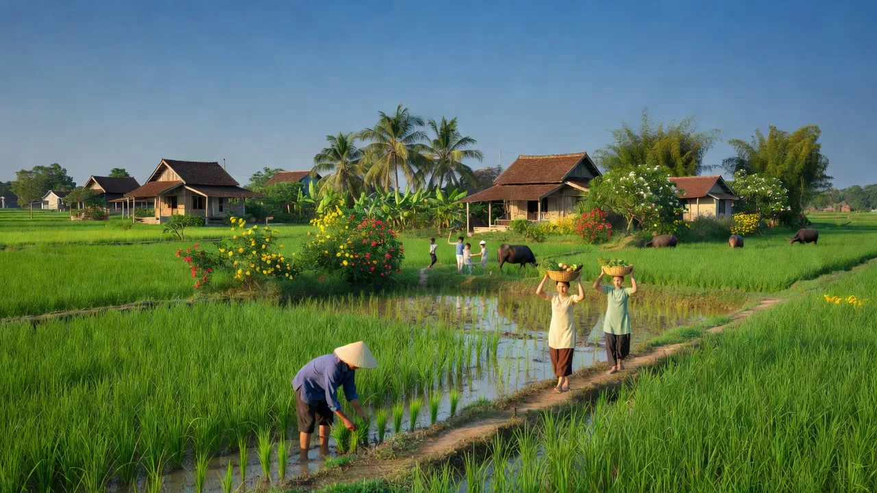 Cảnh quan yên bình xã Kiến Thiết, huyện Tiên Lãng, Hải Phòng với ruộng xanh và nhà truyền thống.