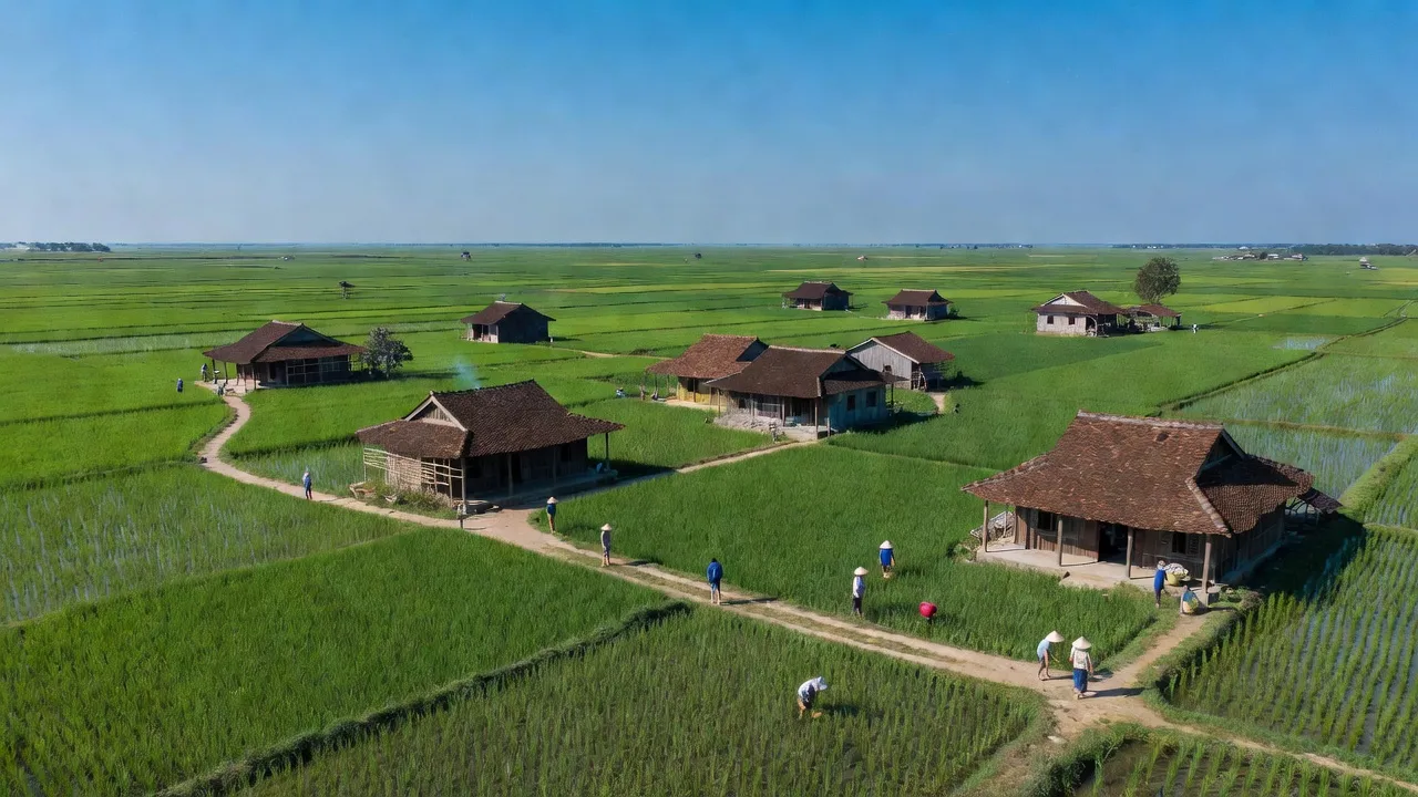 Cảnh đẹp xã Nam Hưng, huyện Tiên Lãng, Thành phố Hải Phòng với cánh đồng xanh mướt và nhà truyền thống.