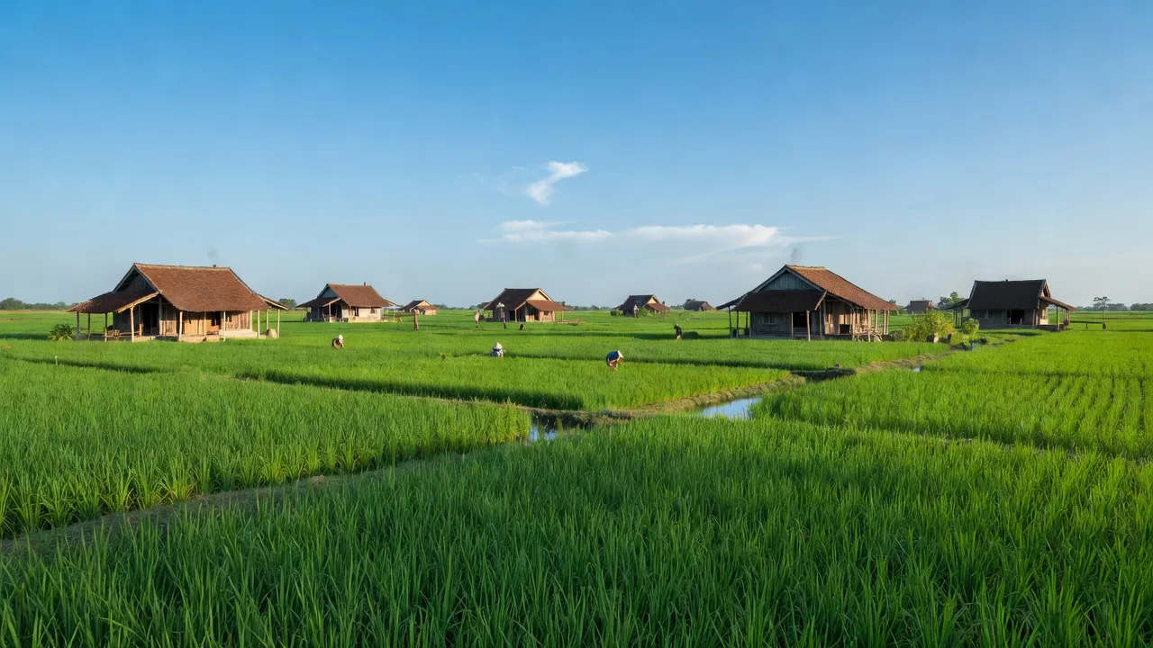 Cảnh đồng xanh và nhà truyền thống ở xã Quyết Tiến, huyện Tiên Lãng, Hải Phòng, nền nông nghiệp trong lành.