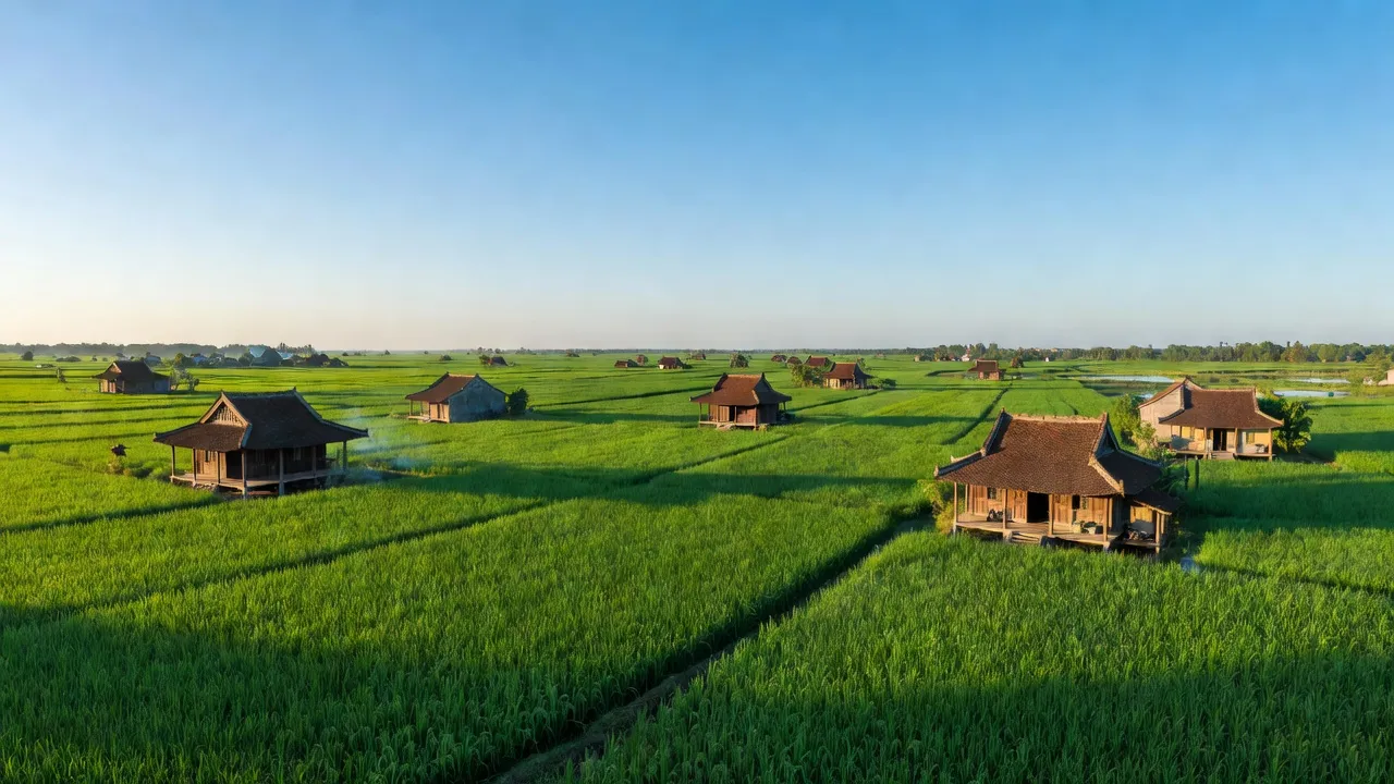 Cánh đồng xanh tươi và ngôi nhà truyền thống tại xã Tây Hưng, huyện Tiên Lãng, Hải Phòng.