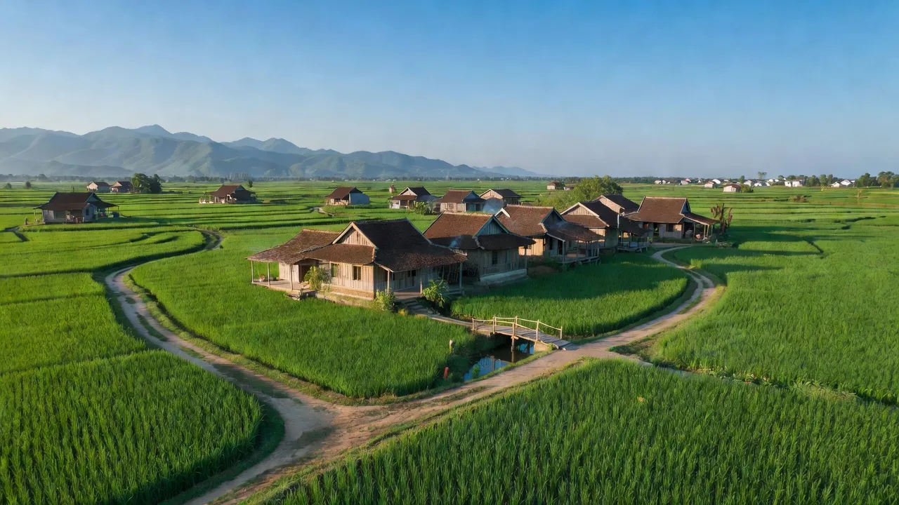 Cảnh quan Xã Tiên Cường, Huyện Tiên Lãng, Hải Phòng với cánh đồng xanh và nhà truyền thống.