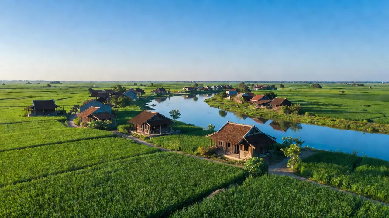 Khung cảnh làng Tiên Minh, huyện Tiên Lãng, Hải Phòng với ruộng xanh và dòng sông yên bình.