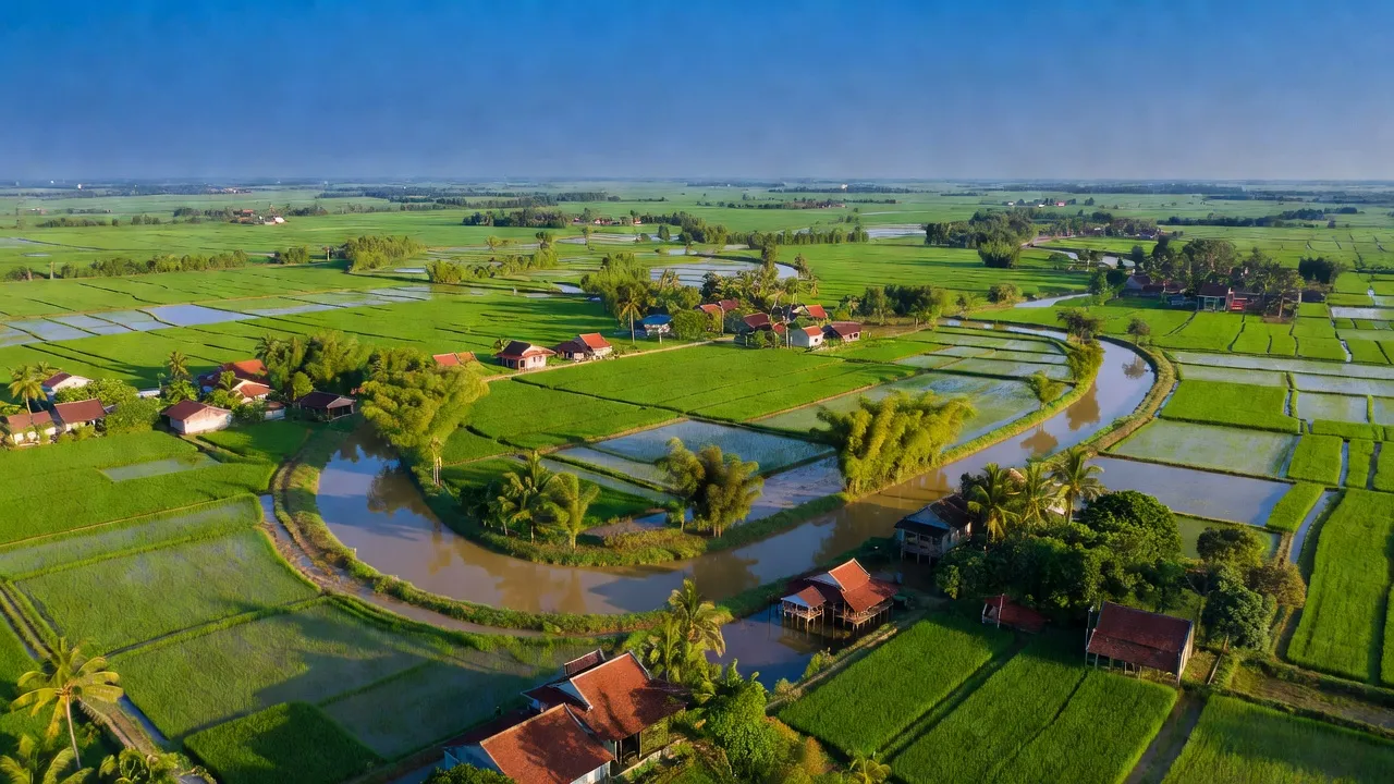 Cảnh quang Xã Tiên Thắng, huyện Tiên Lãng, Hải Phòng với đồng xanh và sông nước.