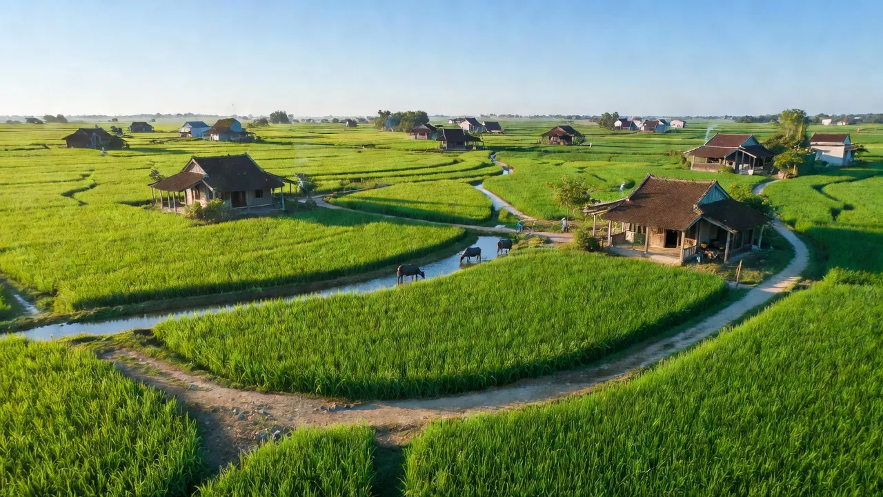 Cảnh đồng xanh Vĩnh Bảo, Hải Phòng, với nhà truyền thống và bầu trời trong xanh.