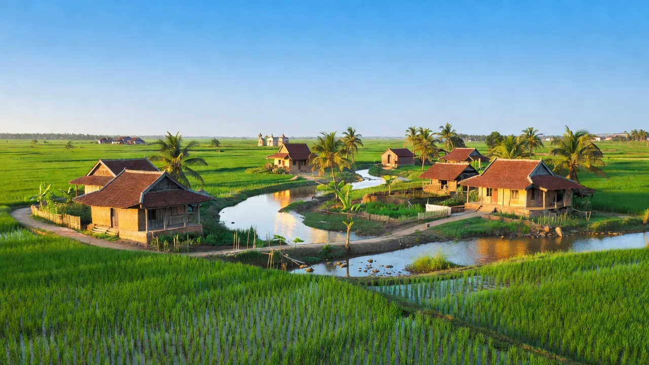 Khung cảnh huyện Vĩnh Bảo, Hải Phòng với cánh đồng xanh và nhà truyền thống Việt Nam.