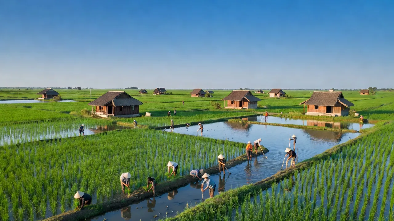 Cảnh quan xã Cao Minh, huyện Vĩnh Bảo, Hải Phòng với cánh đồng xanh và người dân làm nông.