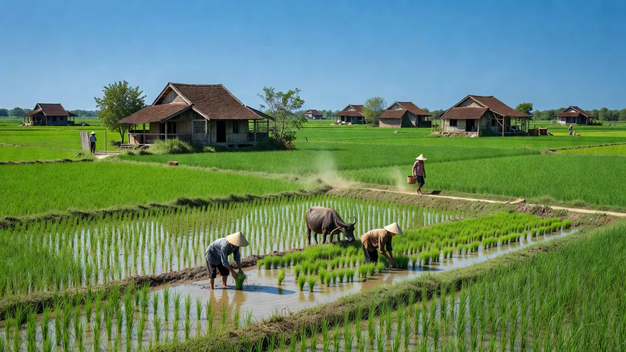 Cảnh quan xã Dũng Tiến, huyện Vĩnh Bảo, Hải Phòng với cánh đồng xanh và nhà truyền thống.