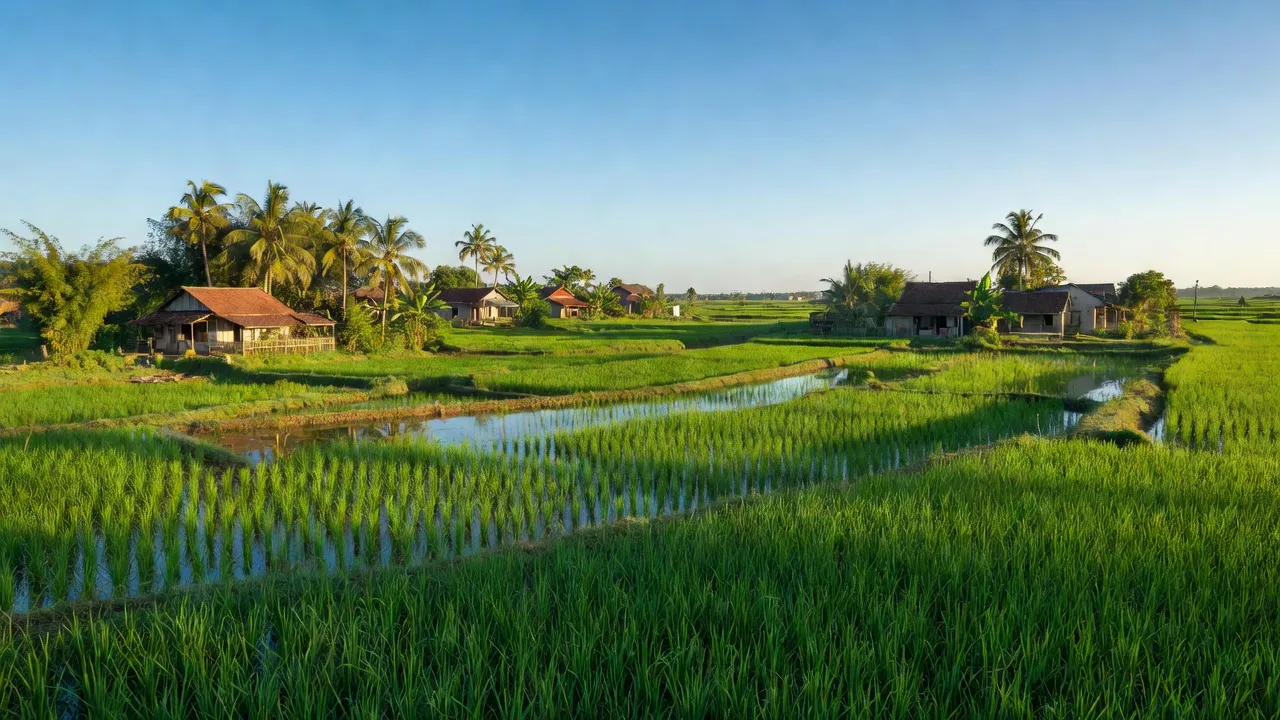 Cảnh đồng quê yên bình xã Giang Biên, huyện Vĩnh Bảo, Hải Phòng với ruộng lúa xanh tươi.