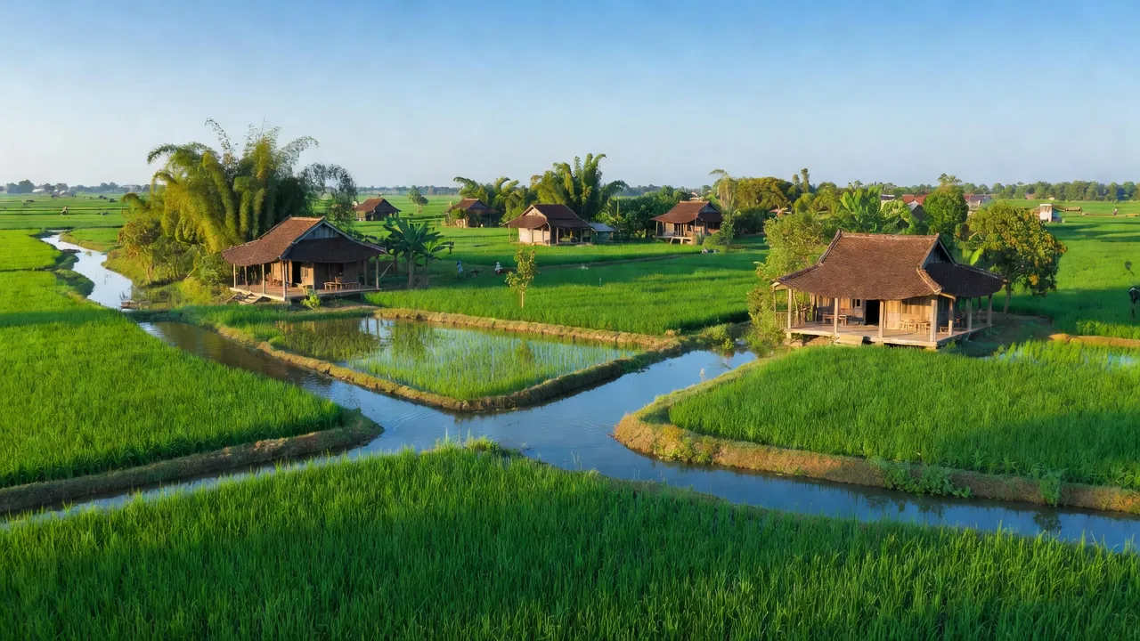Khung cảnh làng Giang Biên, huyện Vĩnh Bảo với đồng xanh, nhà truyền thống và sông nước trong sáng.