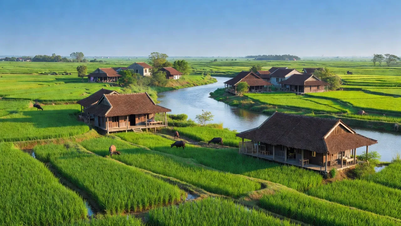 Cảnh đẹp Xã Hoà Bình, Huyện Vĩnh Bảo, Hải Phòng với đồng xanh và sông Thái Bình.