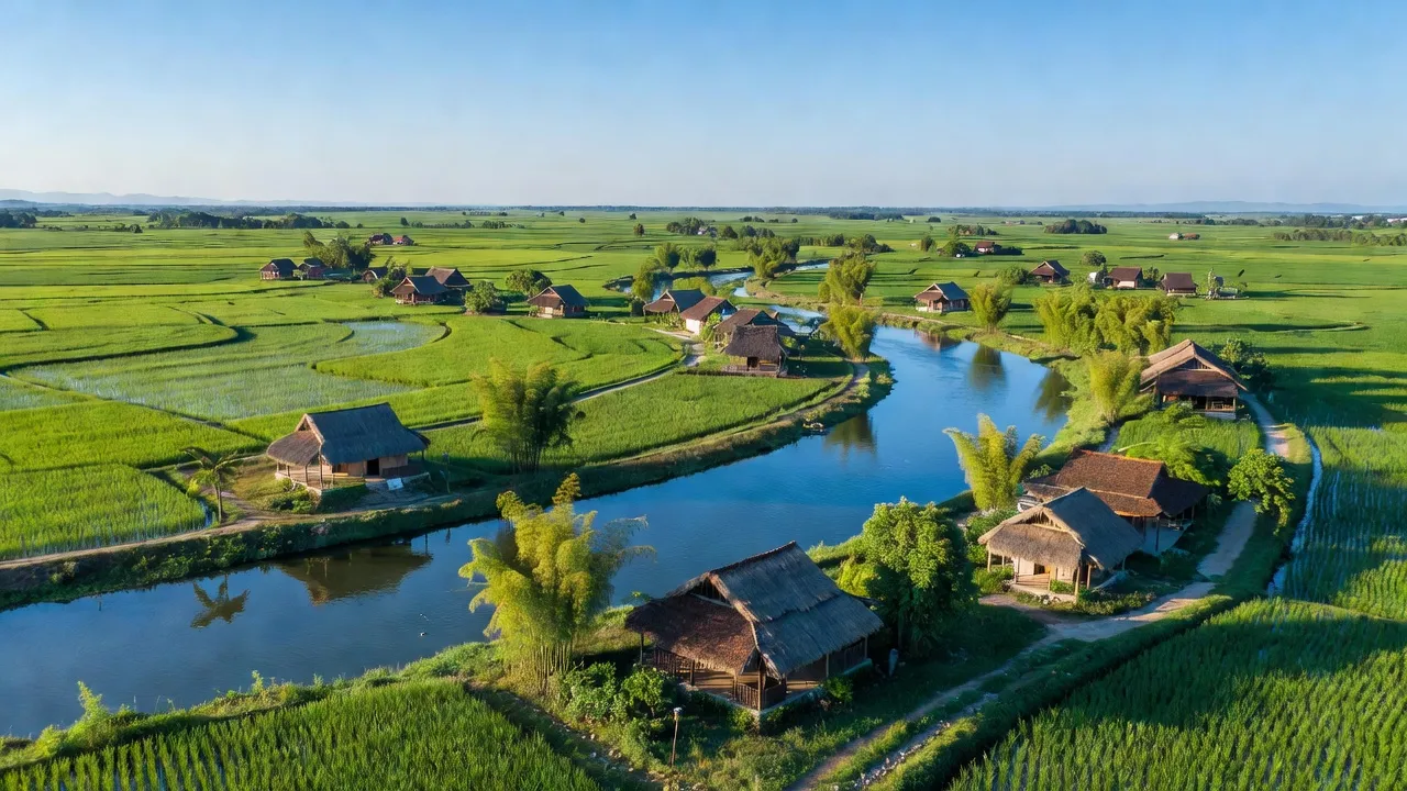 Khung cảnh Xã Hoà Bình, huyện Vĩnh Bảo, Hải Phòng với đồng xanh và nhà truyền thống.