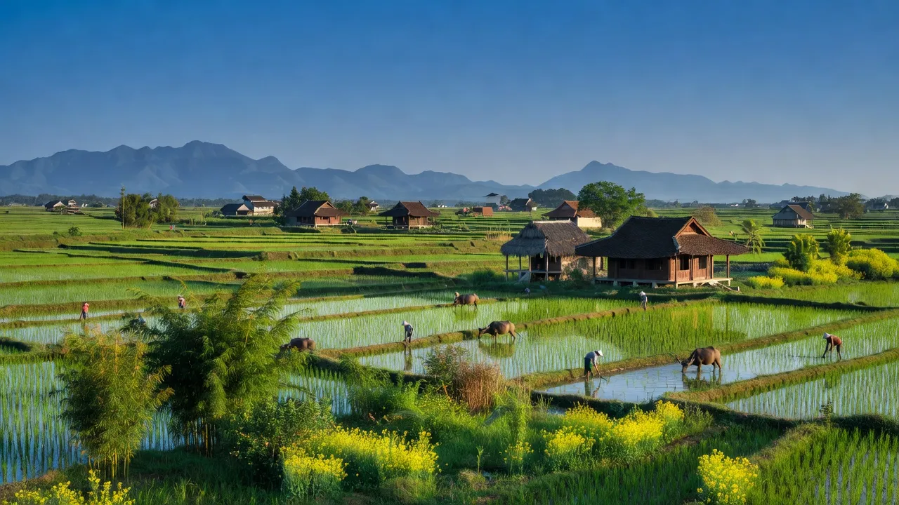 Cảnh quan nông thôn xã Hùng Tiến, Vĩnh Bảo, Hải Phòng với cánh đồng xanh và nhà truyền thống.