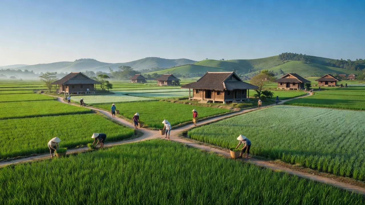 Cảnh đẹp Xã Liên Am, huyện Vĩnh Bảo, thành phố Hải Phòng với ruộng xanh và nhà truyền thống.