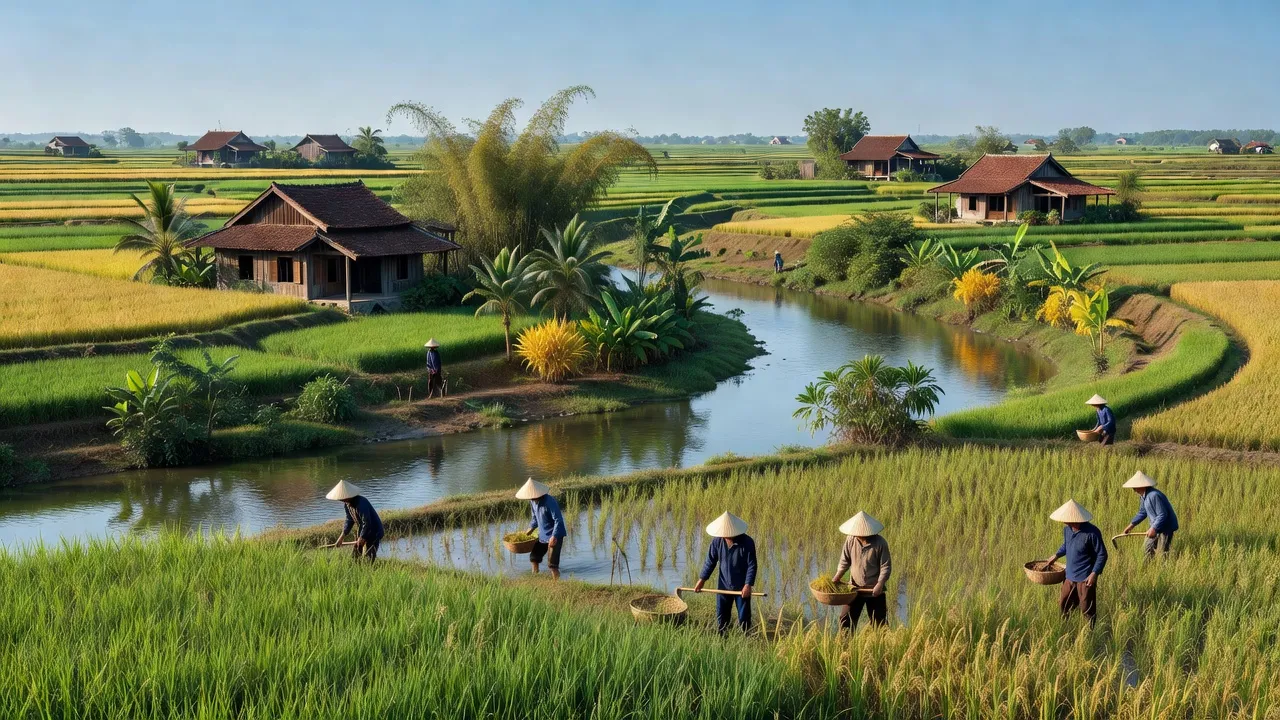 Khung cảnh xã Tam Cường, Vĩnh Bảo với đồng xanh, nhà truyền thống và dòng sông yên bình.