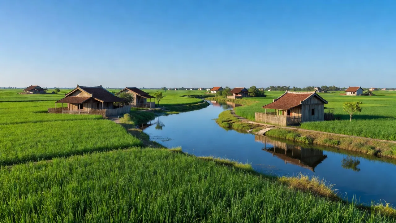 Tam Cường village landscape, Vĩnh Bảo, Hải Phòng, featuring traditional houses and lush green fields.