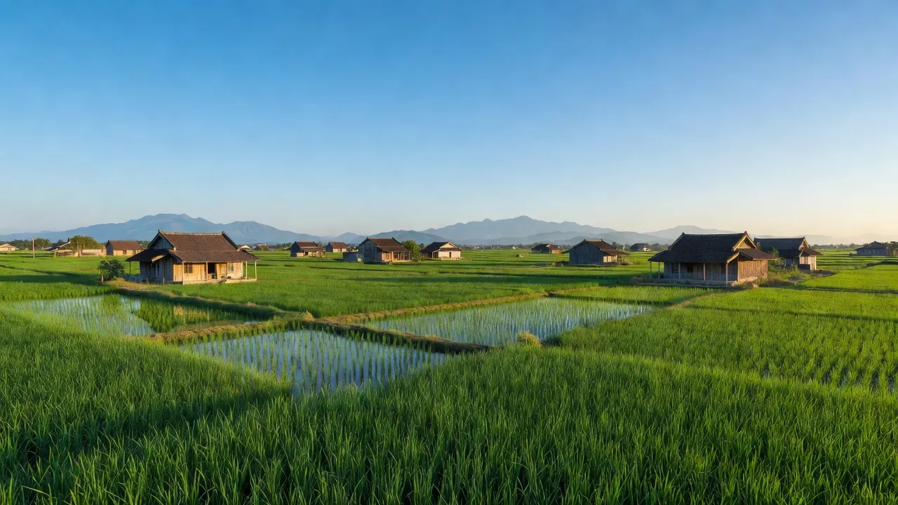 Cảnh đẹp xã Tân Hưng, huyện Vĩnh Bảo, Hải Phòng với cánh đồng xanh và nhà truyền thống.