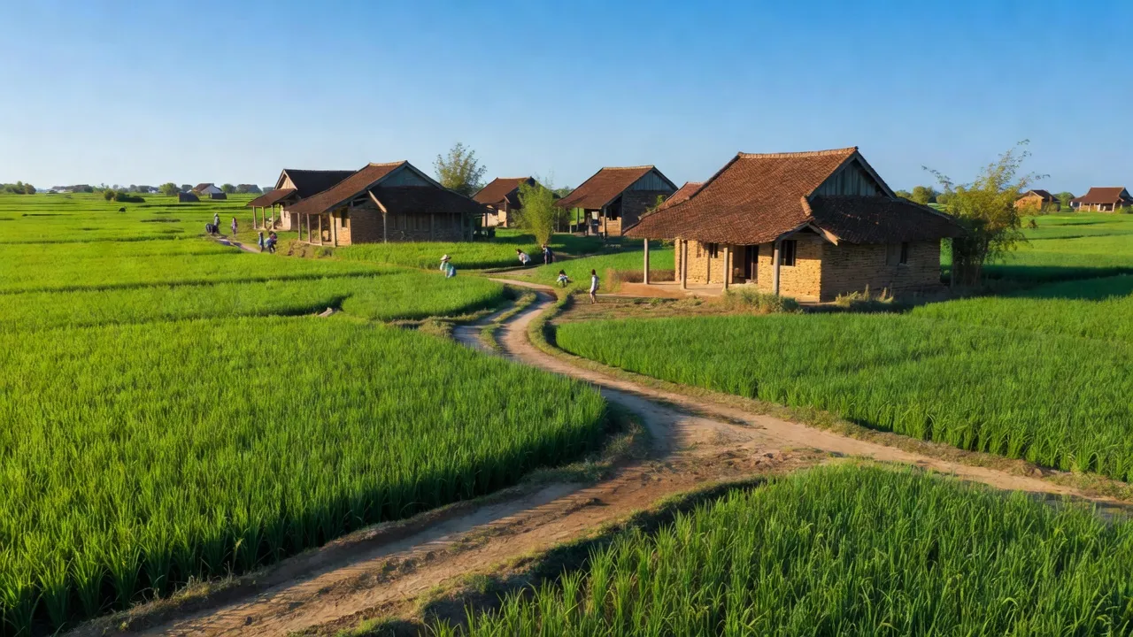 Cảnh quan làng Tân Hưng, Vĩnh Bảo với cánh đồng xanh và nhà truyền thống Việt Nam.