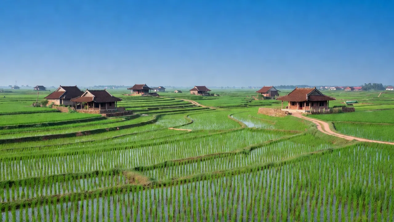 Khung cảnh nông thôn xã Tân Liên, huyện Vĩnh Bảo, Hải Phòng với đồng lúa và nhà truyền thống.