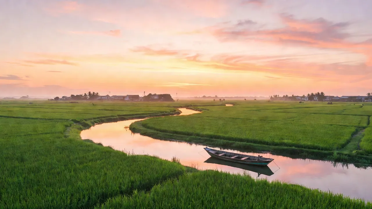 Cánh đồng xanh tươi tại xã Thắng Thuỷ, huyện Vĩnh Bảo, Hải Phòng vào buổi sáng sớm.