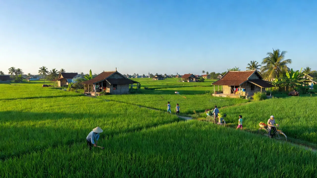 Cảnh nông thôn xã Tiền Phong, huyện Vĩnh Bảo, Hải Phòng với cánh đồng và nhà truyền thống.