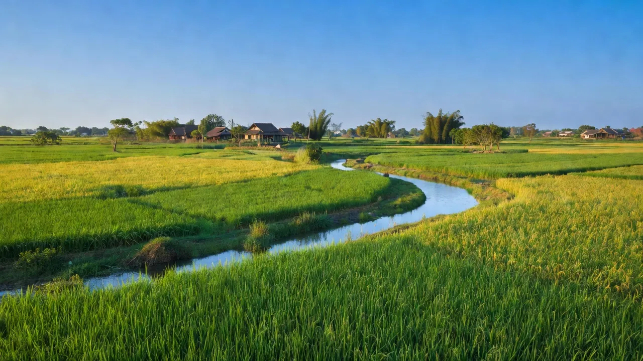 Cảnh đẹp xã Trung Lập, huyện Vĩnh Bảo, Hải Phòng với đồng lúa xanh và dòng sông nhỏ.