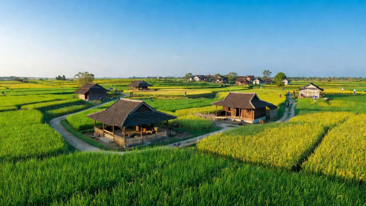 Khung cảnh xanh tươi của xã Trung Lập, huyện Vĩnh Bảo, Hải Phòng, với cánh đồng lúa và nhà truyền thống.